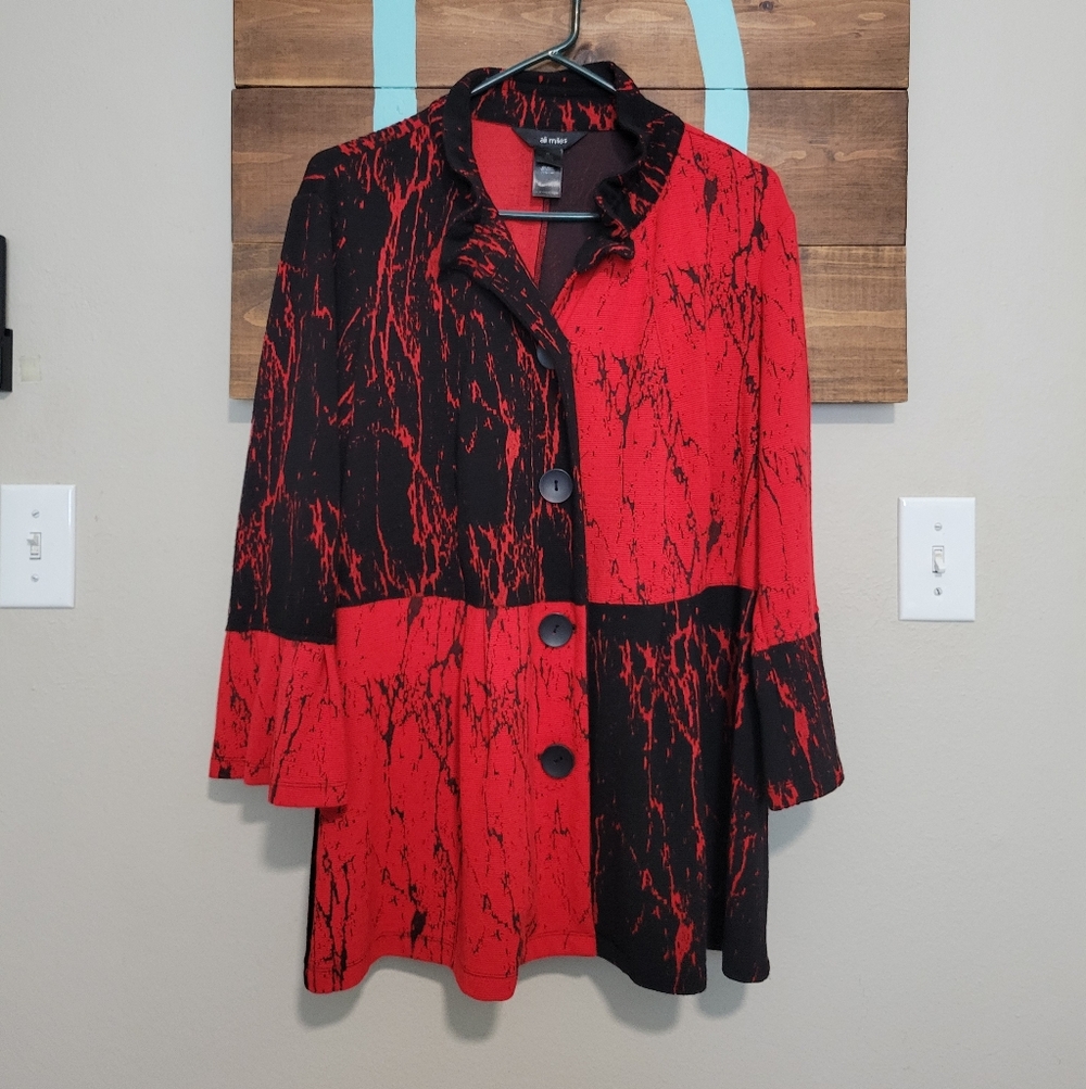 Ali Miles Red and Black Artzie Patterned Jacket With Bell Sleeves Size XL
